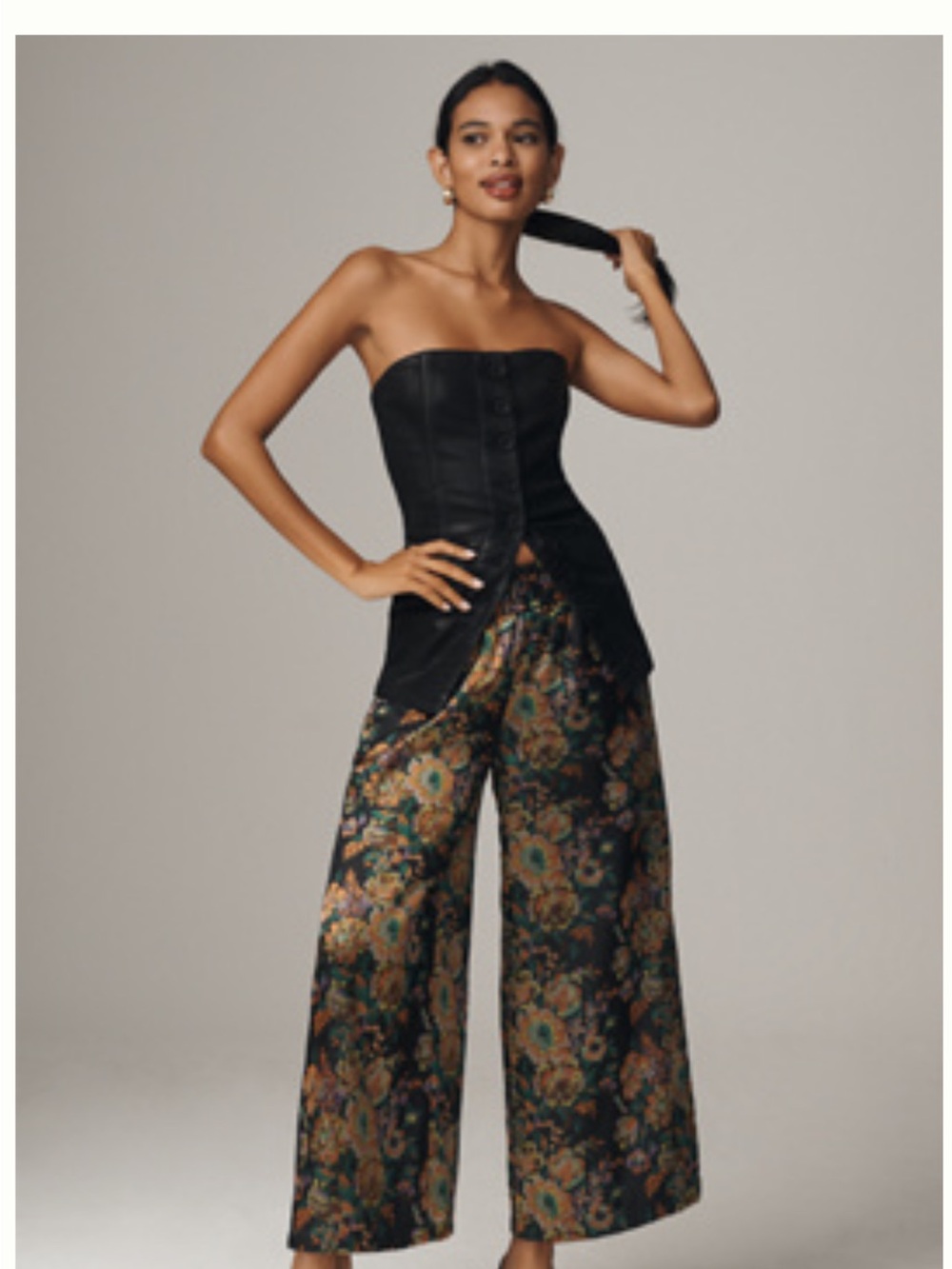 Anthropologie Black Satin Floral Wide-Leg Pants with Gold & Teal Accents - Picture 4 of 4